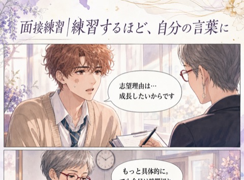 4コマ漫画「面接練習｜練習するほど、自分の言葉に」— 練習相手は24時間。答えは自分の中に。
