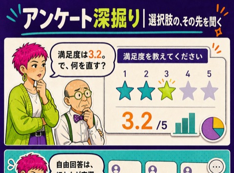 4コマ漫画「アンケート深掘り｜選択肢の、その先を聞く」— 集計で終わらないアンケートへ。